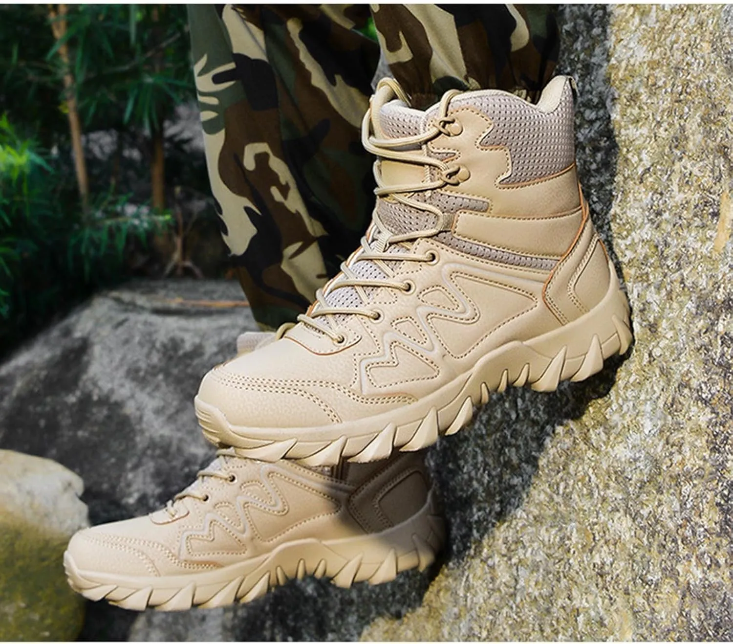 Men's Military Tactical Boots Lightweight 6 Inches Work Boots Leather Side Zip Outdoor Combat Boots