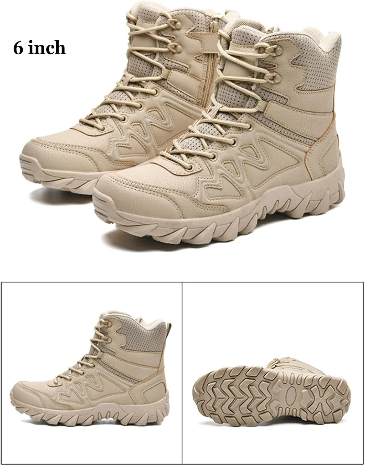Men's Military Tactical Boots Lightweight 6 Inches Work Boots Leather Side Zip Outdoor Combat Boots