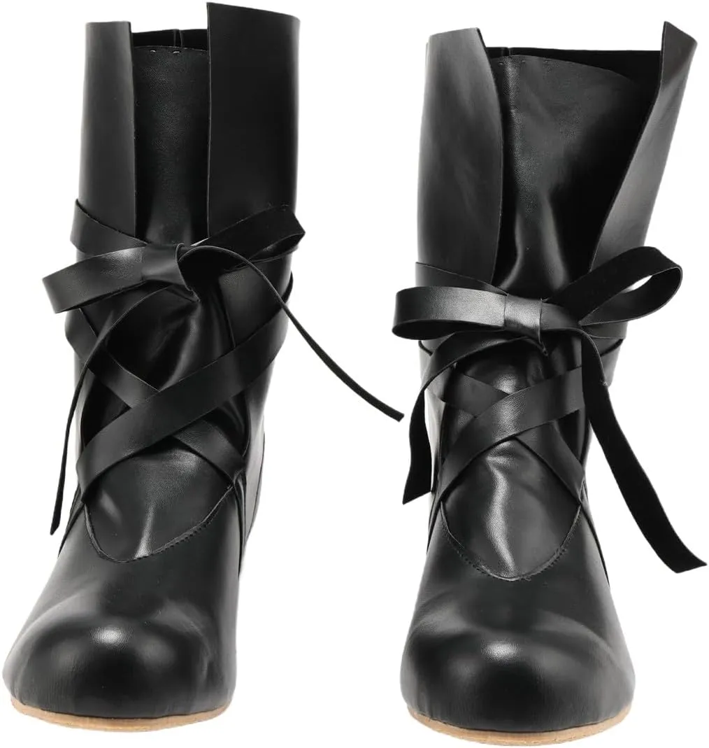 Mens Renaissance Medieval Cosplay Boots Lace Up Vintage Stage Pirate Viking Tied Shoes Boots for Halloween Party