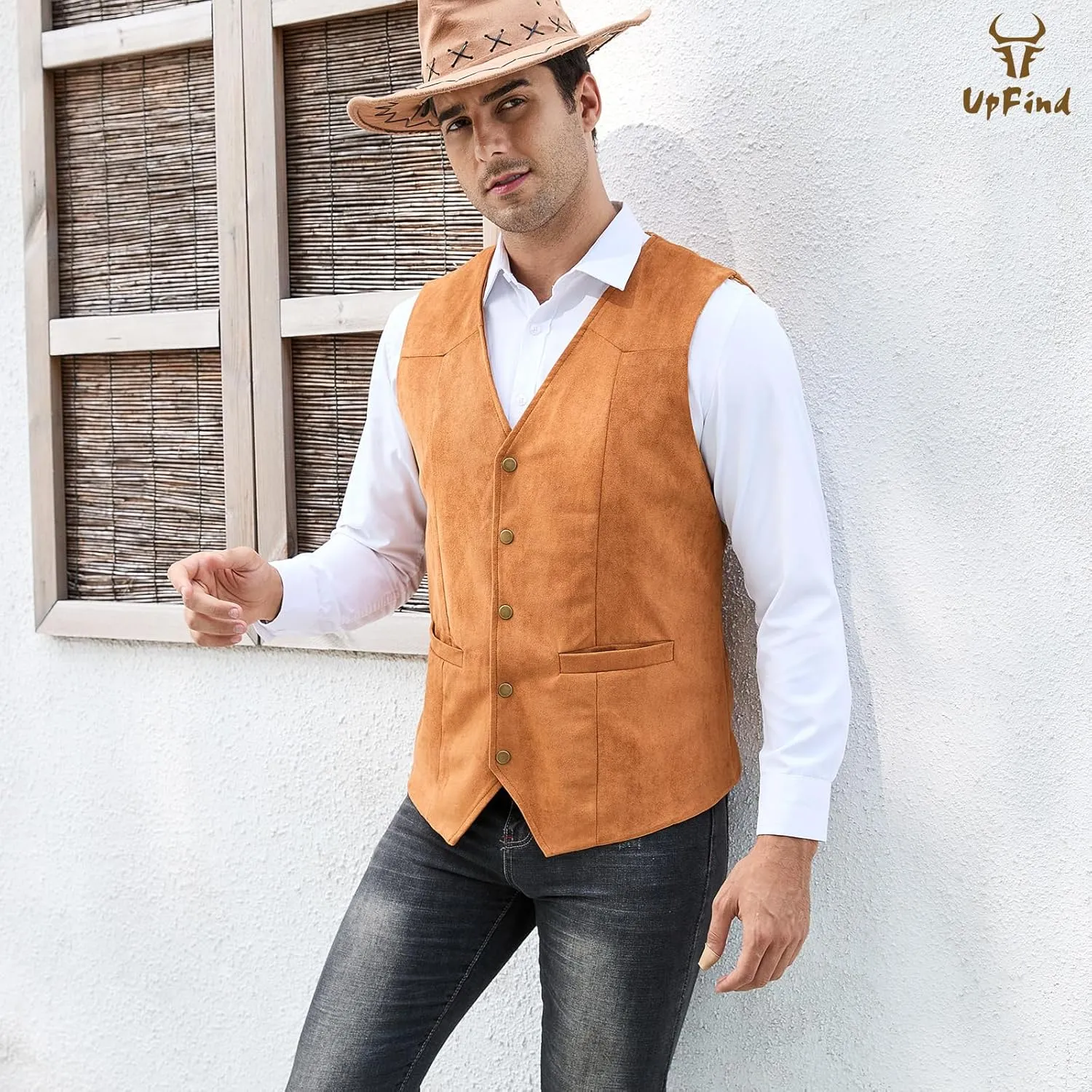 Men's Suede Leather Suit Vest V Neck Artificial Retro 5 Button Regular Vest Cowboy Style Sleeveless Jacket