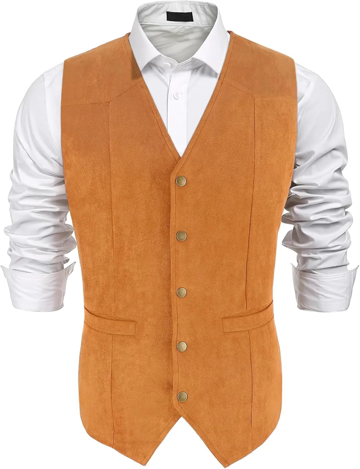 Men's Suede Leather Suit Vest V Neck Artificial Retro 5 Button Regular Vest Cowboy Style Sleeveless Jacket