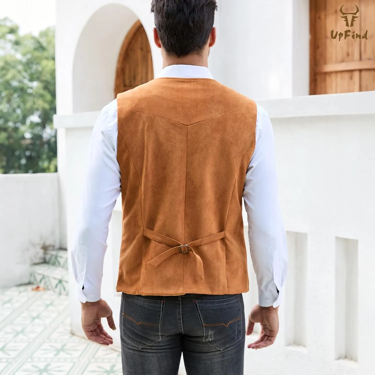 Men's Suede Leather Suit Vest V Neck Artificial Retro 5 Button Regular Vest Cowboy Style Sleeveless Jacket