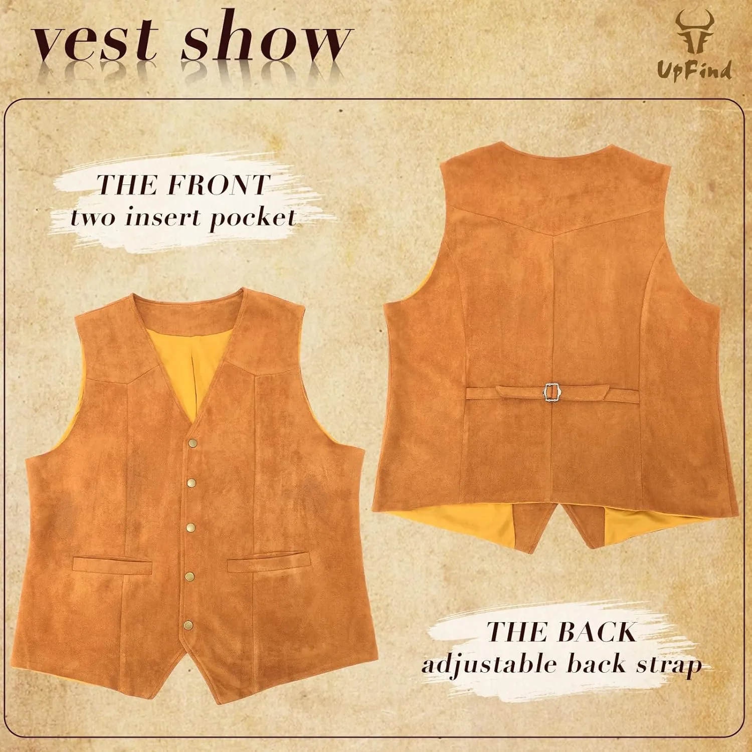 Men's Suede Leather Suit Vest V Neck Artificial Retro 5 Button Regular Vest Cowboy Style Sleeveless Jacket