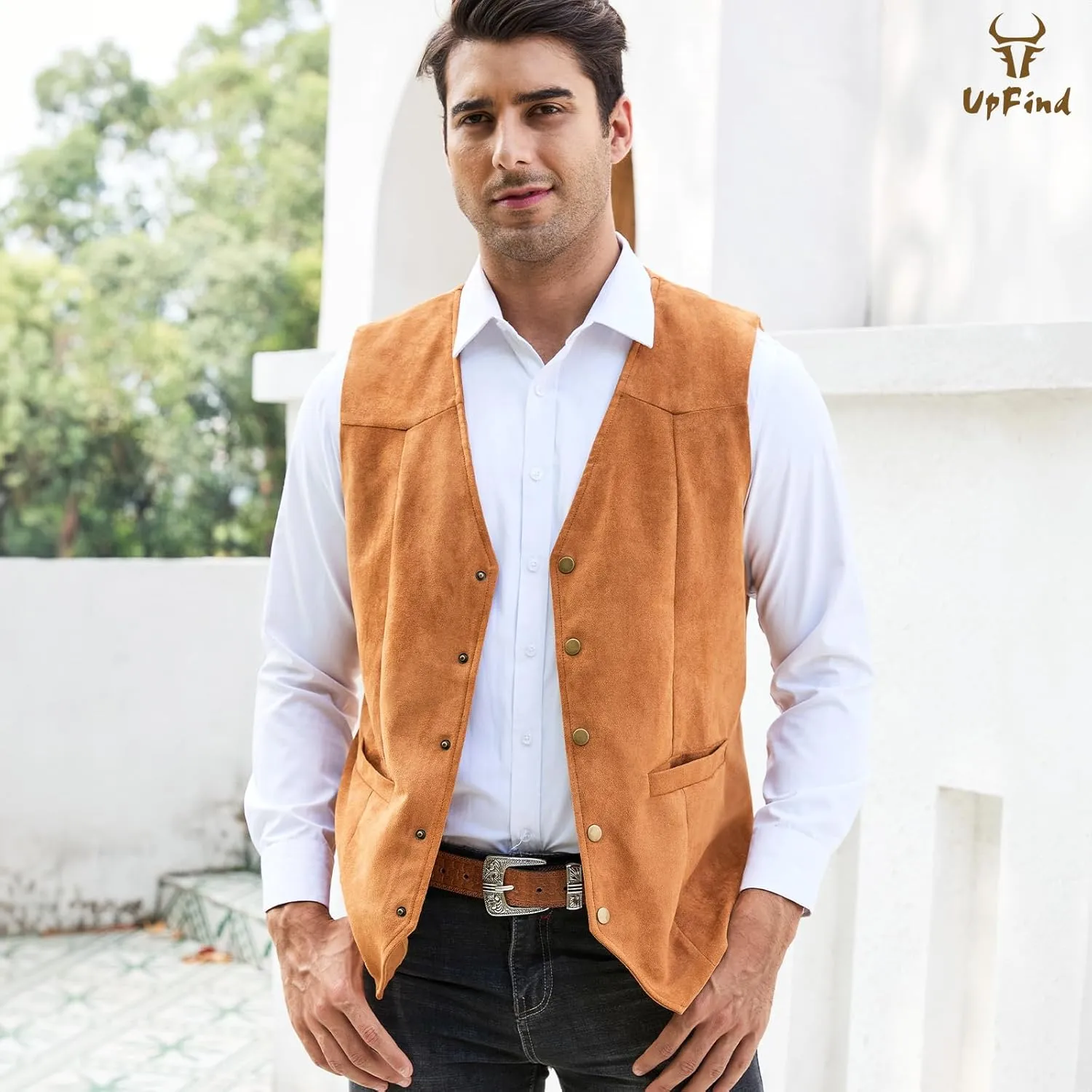 Men's Suede Leather Suit Vest V Neck Artificial Retro 5 Button Regular Vest Cowboy Style Sleeveless Jacket