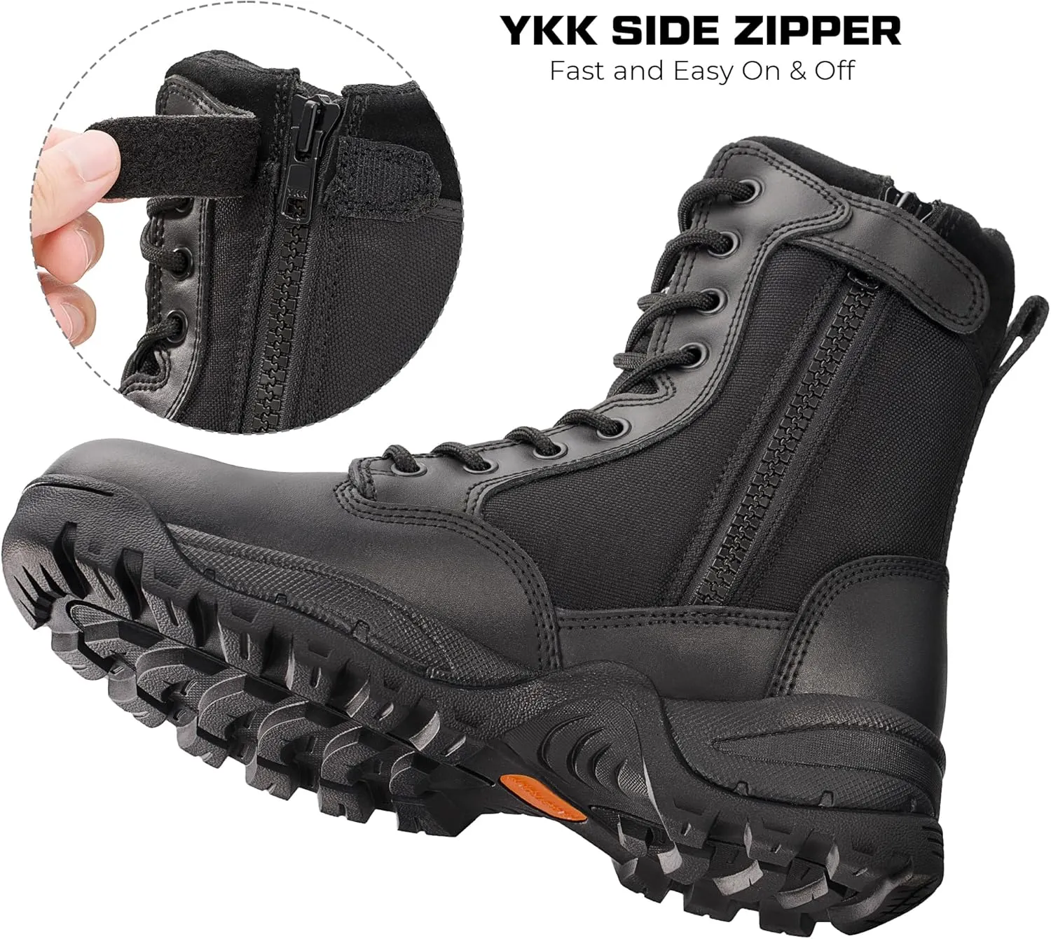 Men's Tactical Work Boots with Side Zipper – Lightweight Leather Military Style, Comfortable, Durable and Breathable for Outdoors