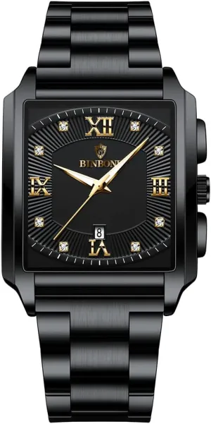 Men's Watch Luxury Gold Watch Men's Square Business Sports Quartz Waterproof Stainless Steel&Leather Strap Watch