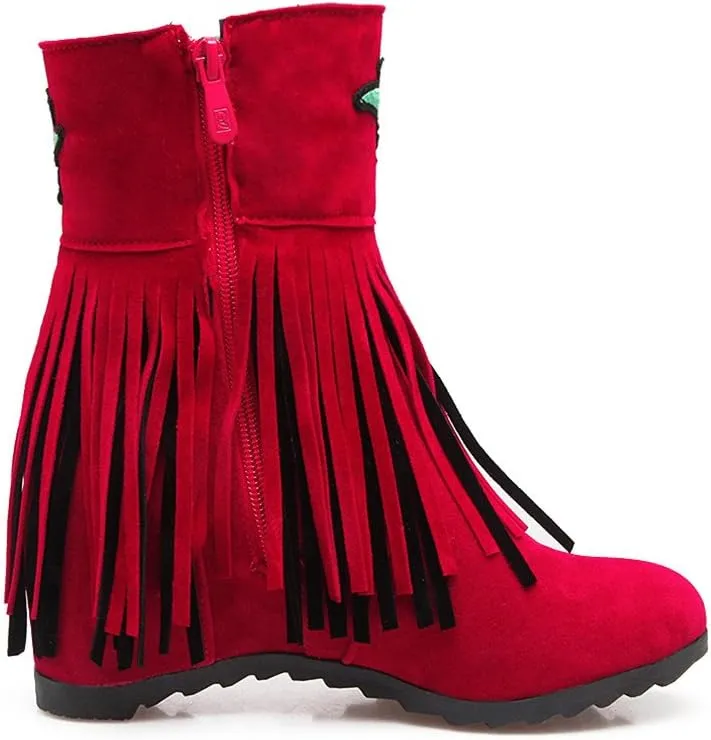 MFairy Woman's Low Heel Tassel Boots Side Zipper Ankle Booties