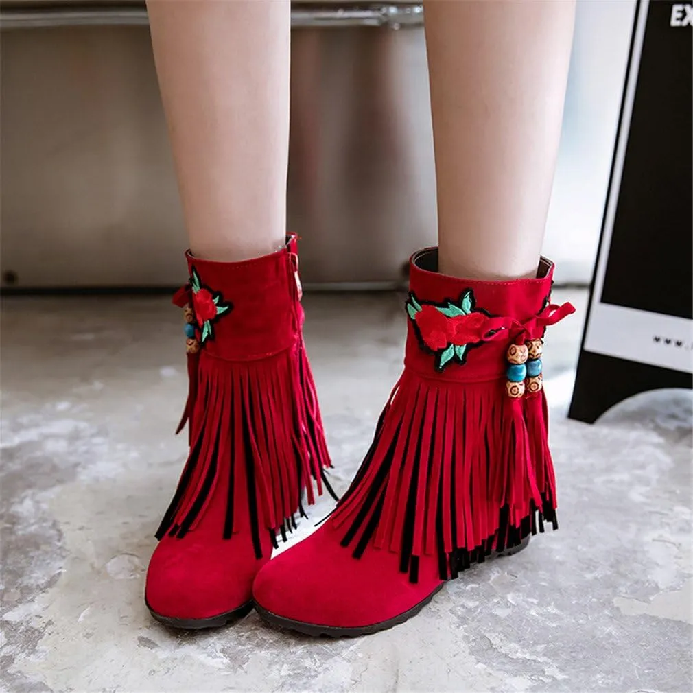 MFairy Woman's Low Heel Tassel Boots Side Zipper Ankle Booties
