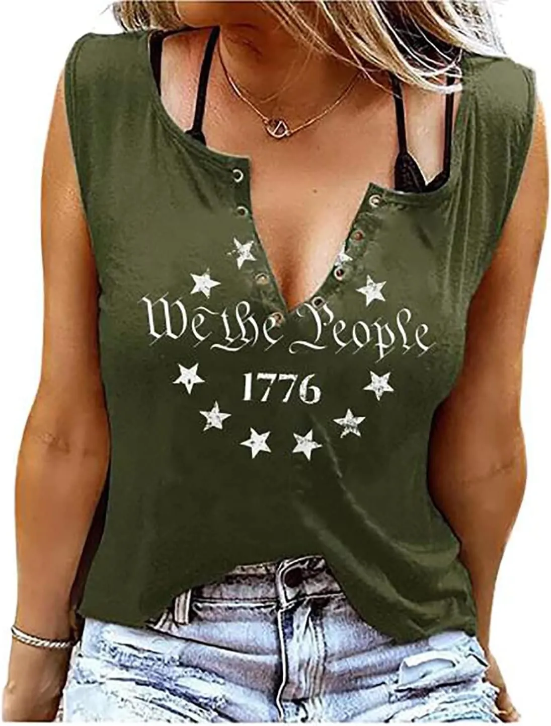 MHTOR We The People 1776 V Neck Tank for Women 4th of July Patriotic Shirt American Flag Sleeveless Graphic Tees Tanks