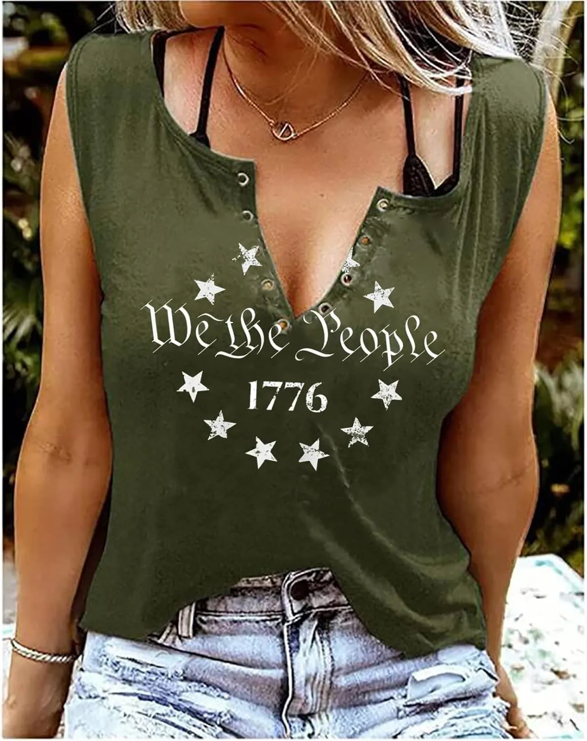 MHTOR We The People 1776 V Neck Tank for Women 4th of July Patriotic Shirt American Flag Sleeveless Graphic Tees Tanks