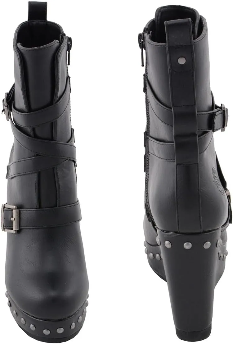 Milwaukee Leather Women's Black Triple Strap Fashion Boots with Platform Wedge MBL9437