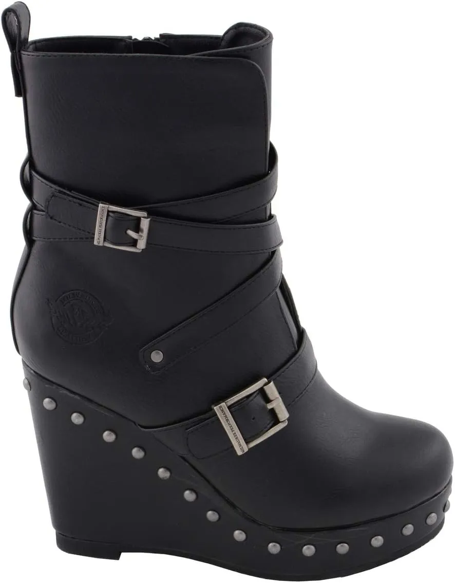 Milwaukee Leather Women's Black Triple Strap Fashion Boots with Platform Wedge MBL9437