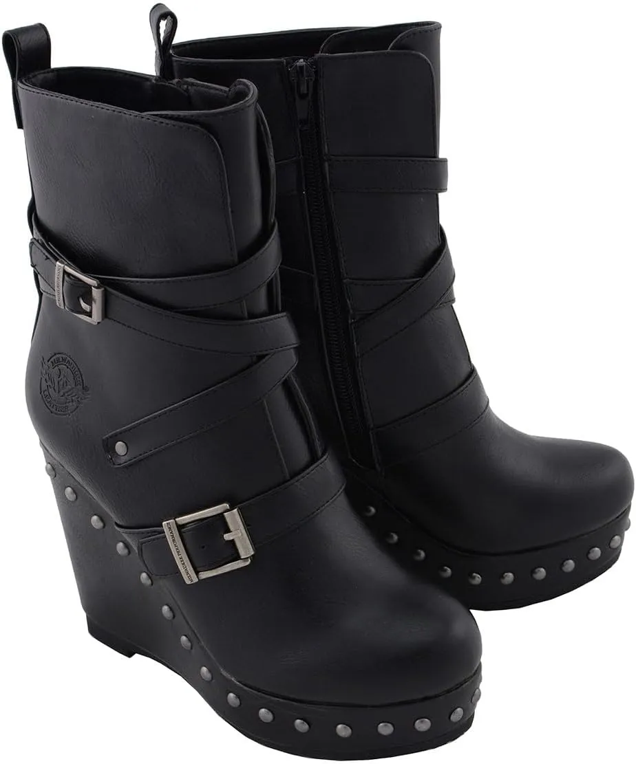 Milwaukee Leather Women's Black Triple Strap Fashion Boots with Platform Wedge MBL9437