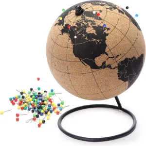 Mini Cork Globe with 50 Different Colored Push Pins & Durable Stainless Steel Base | Great for Mapping Travels & Educational Purposes | Does Not Have Plastic Strip Like Most