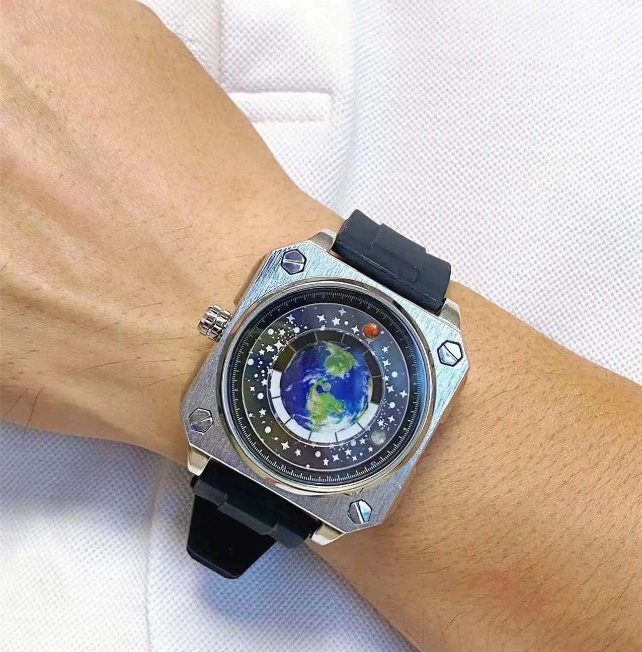 MINILUJIA 30M Waterproof Men World Map Watches Creative Wristwatch with Earth Globe Moon Sun Rotating Eye catching Cool Unique Square Dial Mens Watches with Watch Box