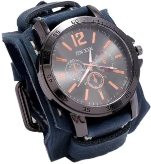 MINILUJIA Handmade Sewn with Wax Rope Men Watches Vintage Punk Hiphop Gothic Wide Leather Fashion Cuff Round Quartz Wristwatch Big Dial Black Brown