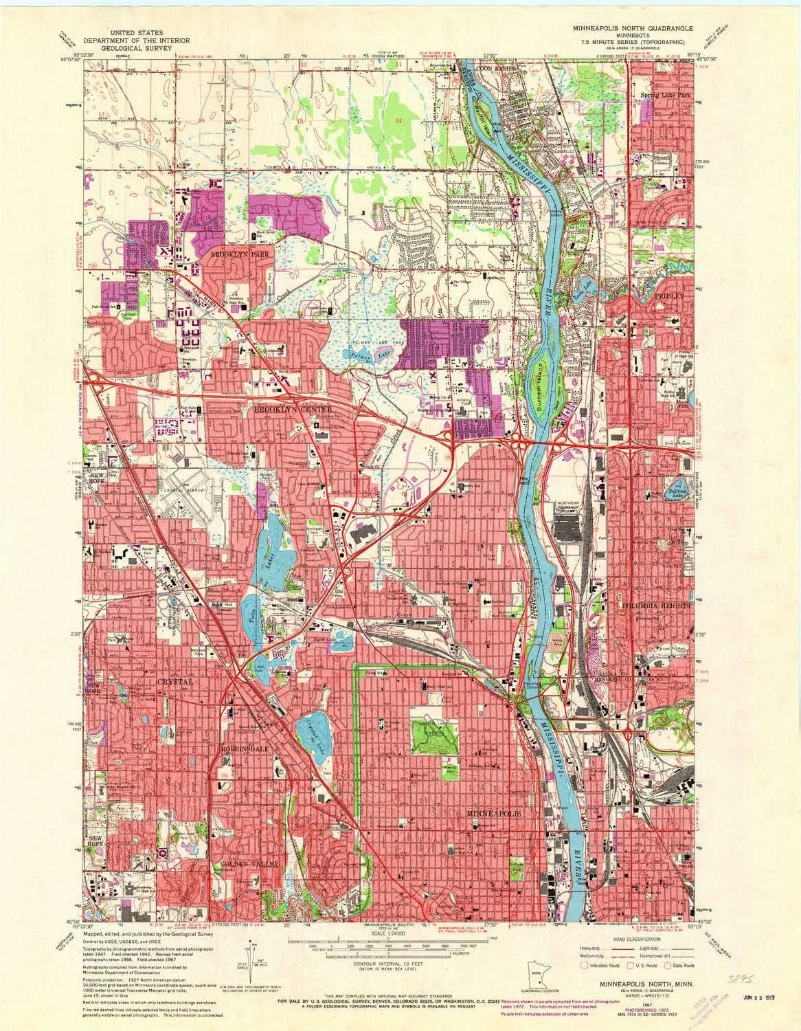 Minneapolis North MN topo map, 1:24000 Scale, 7.5 X 7.5 Minute, Historical, 1967, Updated 1973, 27.2 x 21.2 in