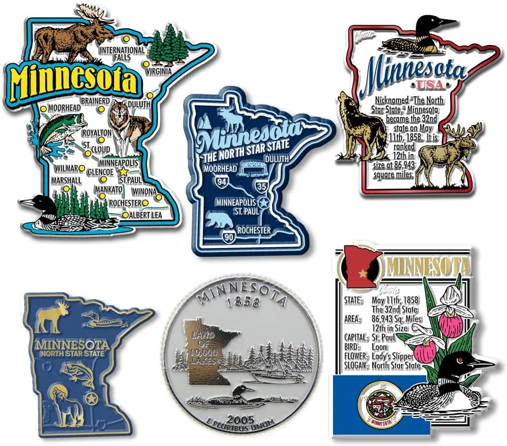 Minnesota Six-Piece State Magnet Set by Classic Magnets, Includes 6 Unique Designs, Collectible Souvenirs Made in The USA