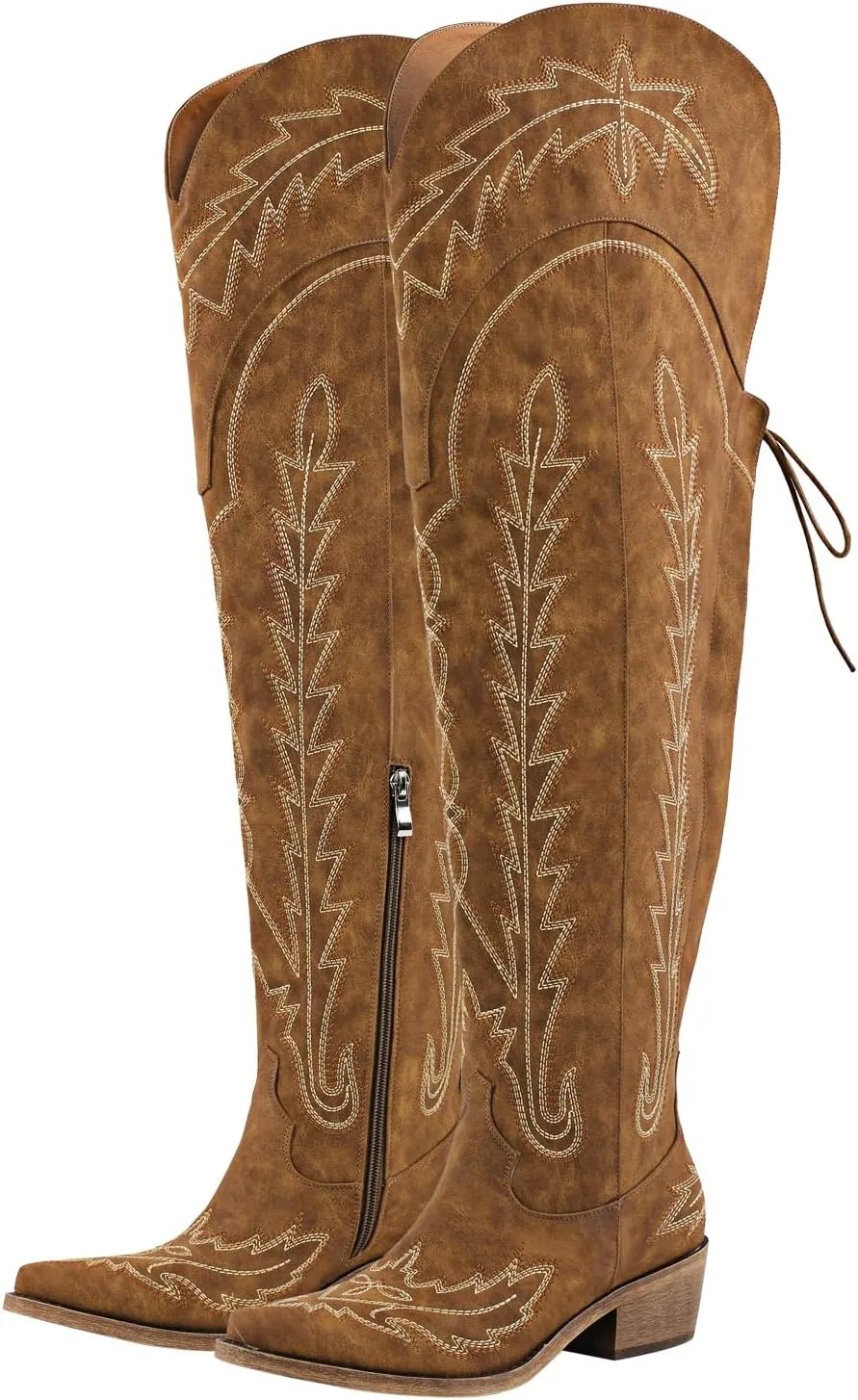 MissHeel Over the Knee Cowboy Boots for Women Adjustable Thigh High Cowgirl Boots