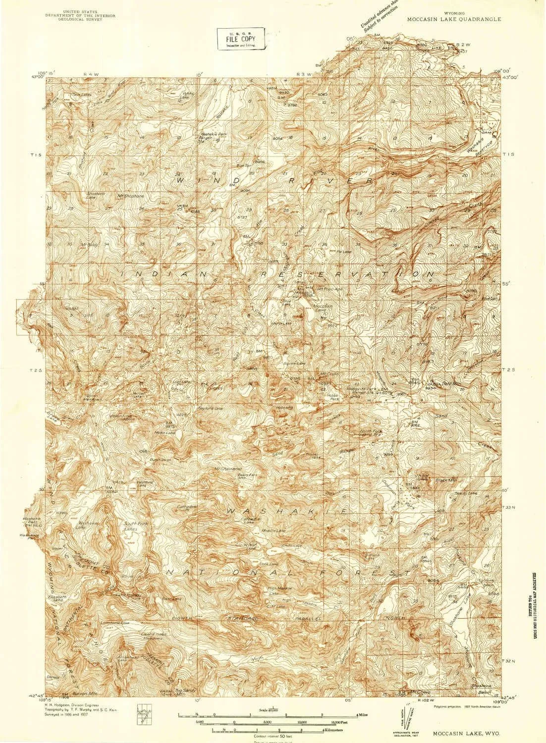 Moccasin Lake WY topo map, 1:48000 Scale, 15 X 15 Minute, Historical, 1937, 27.3 x 20.1 in