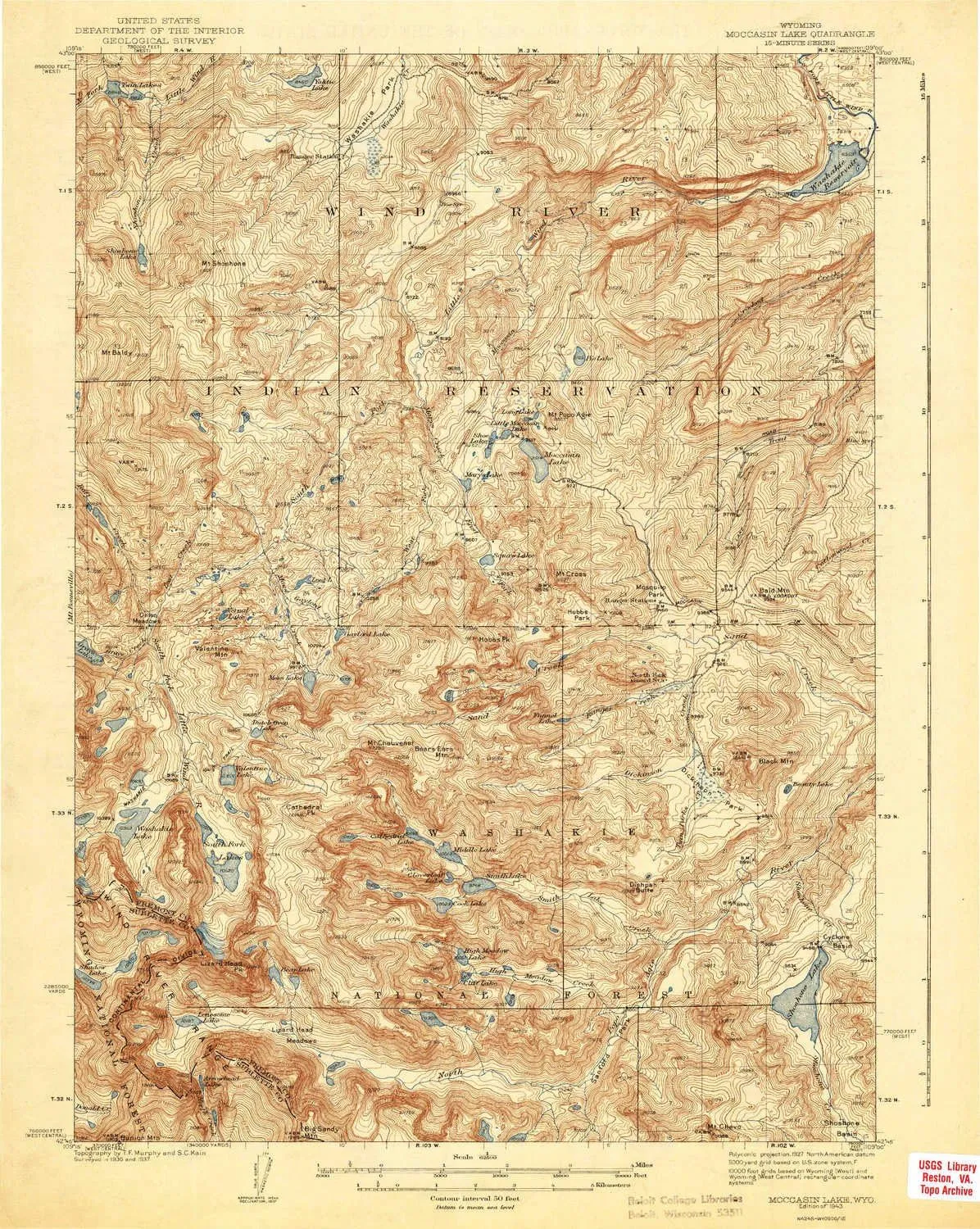 Moccasin Lake WY topo map, 1:62500 Scale, 15 X 15 Minute, Historical, 1943, 19.8 x 15.8 in