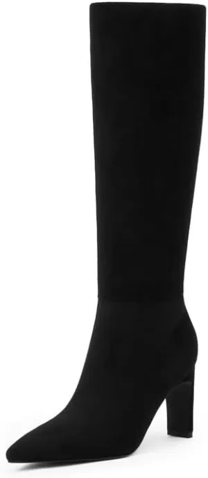 Modatope Boots for Women Black Suede Knee High Boots Chunky Heel Pointed Toe 2025 Fall Winter Tall Boots Women Size 8.5
