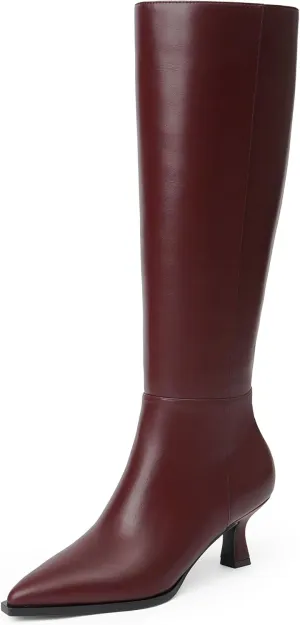 Modatope Knee High Boots Kitten Low Heel Faux Leather Pointed Toe Side Zipper Fall Long Tall Boots for Women