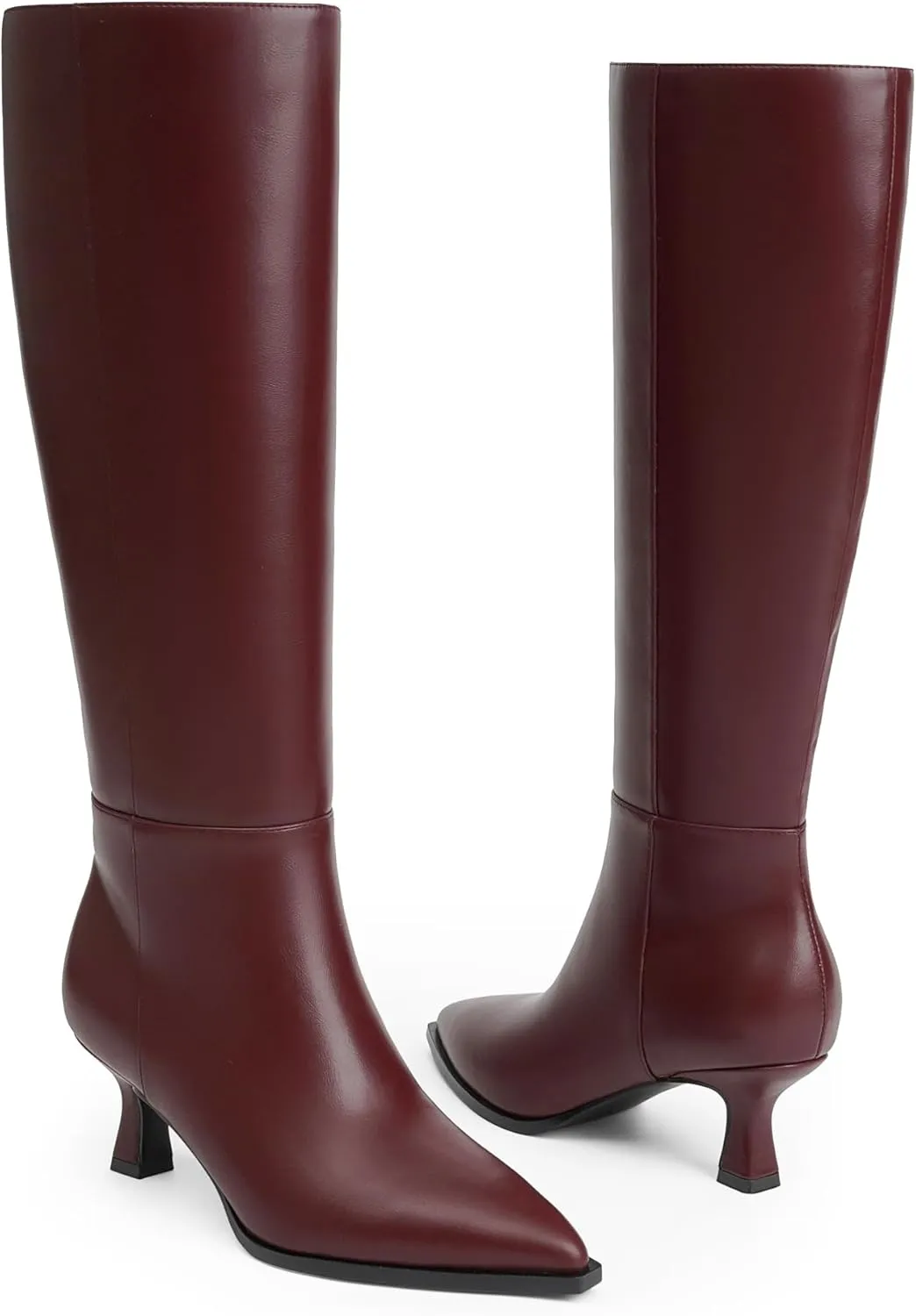 Modatope Knee High Boots Kitten Low Heel Faux Leather Pointed Toe Side Zipper Fall Long Tall Boots for Women