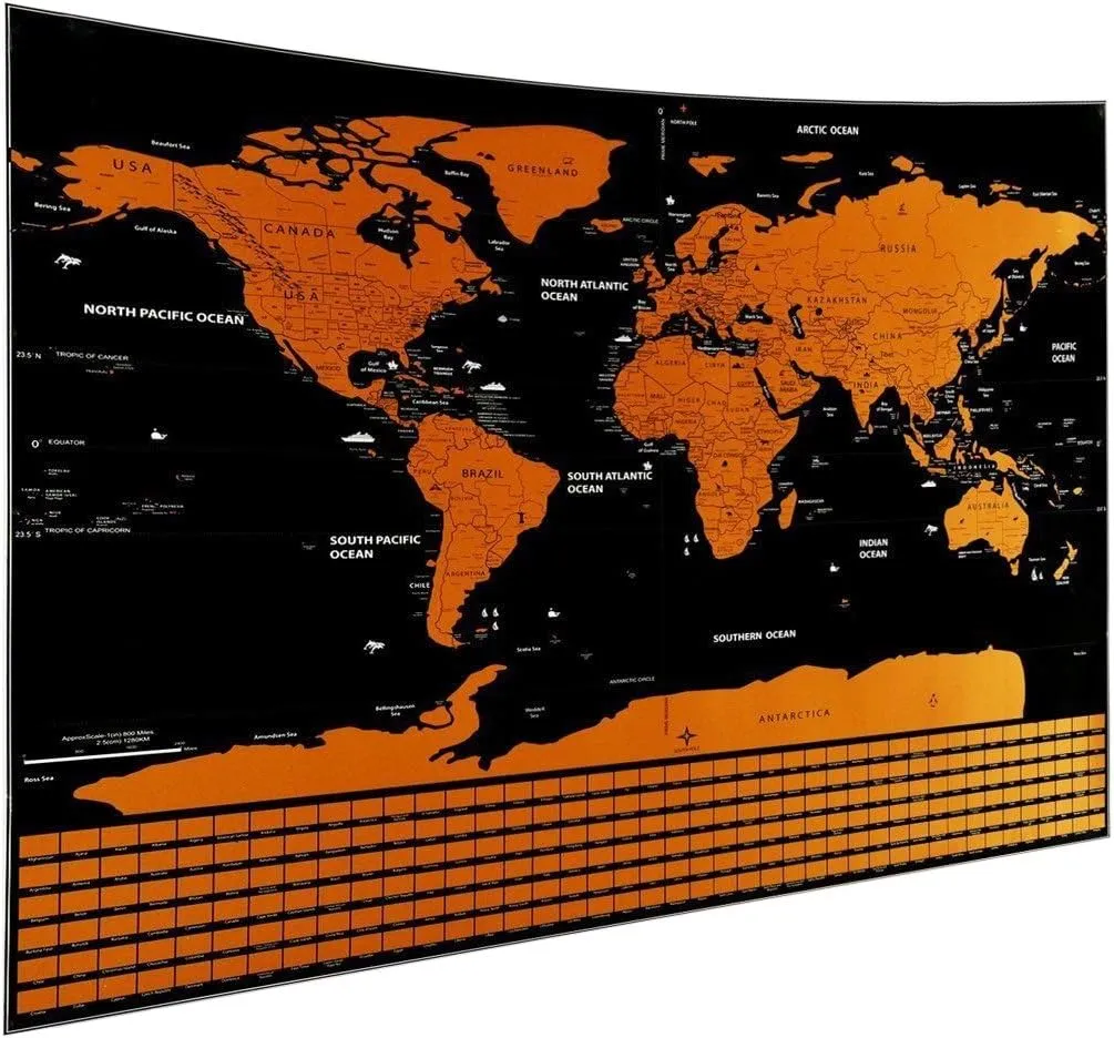 MOJCO MP-1 Scratch Off Map of The World Travel Poster W/Country Flags & US States Outlined Shiny Glossy Finish (Large Full Size)