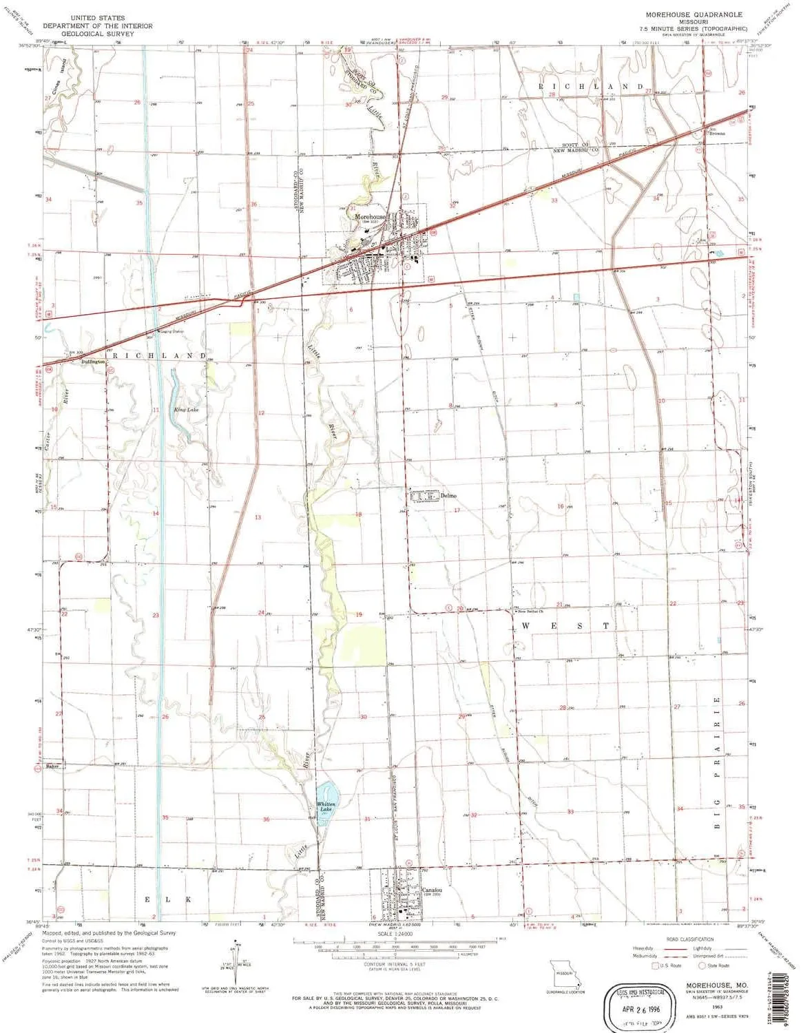 Morehouse MO topo map, 1:24000 Scale, 7.5 X 7.5 Minute, Historical, 1963, Updated 1964, 26.8 x 22 in