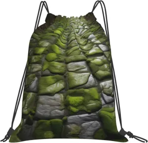Moss Stone Pavement Print Sports Drawstring Backpack,Water Resistant Bag, Gym Backpack for Women Men