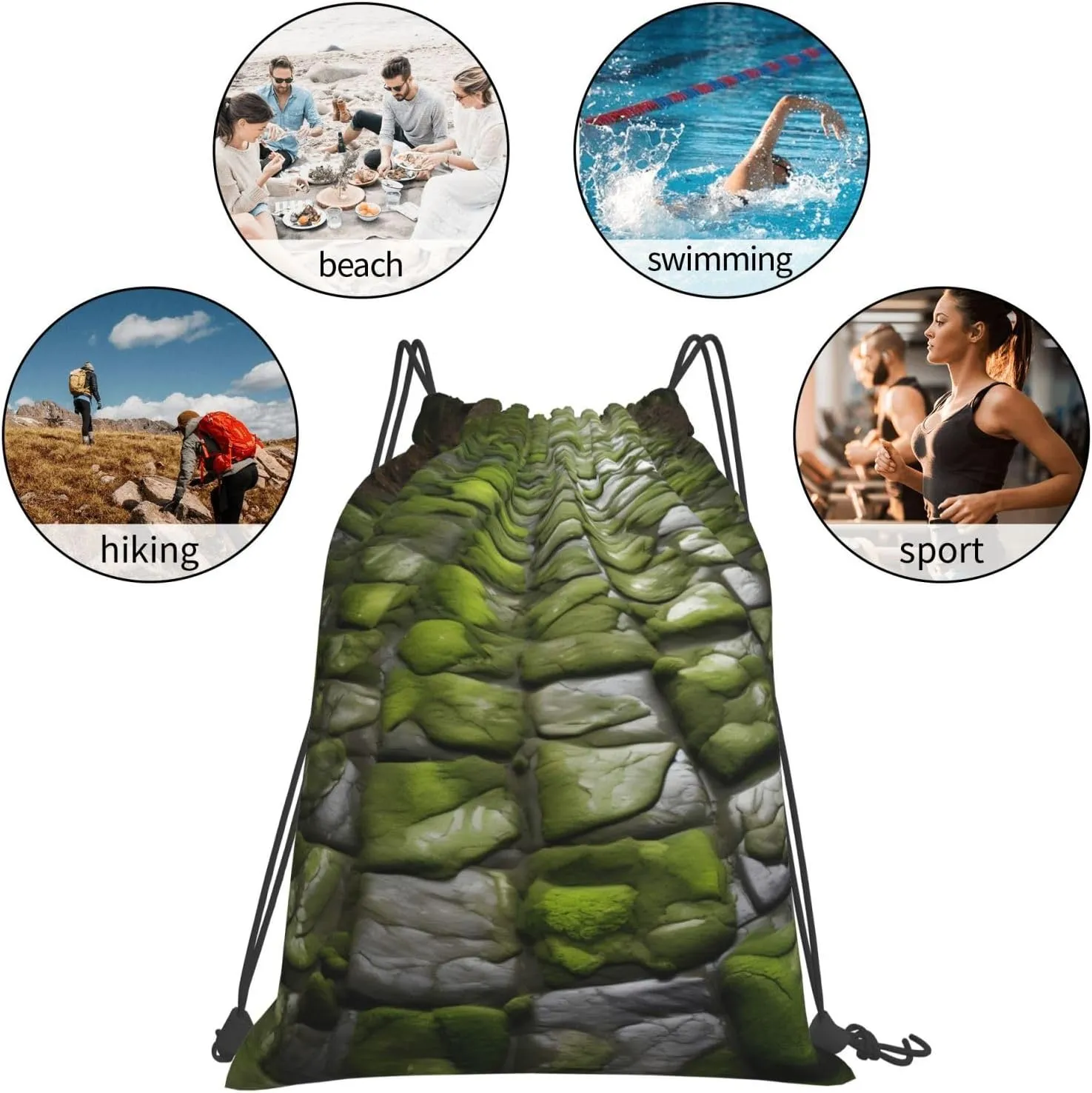 Moss Stone Pavement Print Sports Drawstring Backpack,Water Resistant Bag, Gym Backpack for Women Men