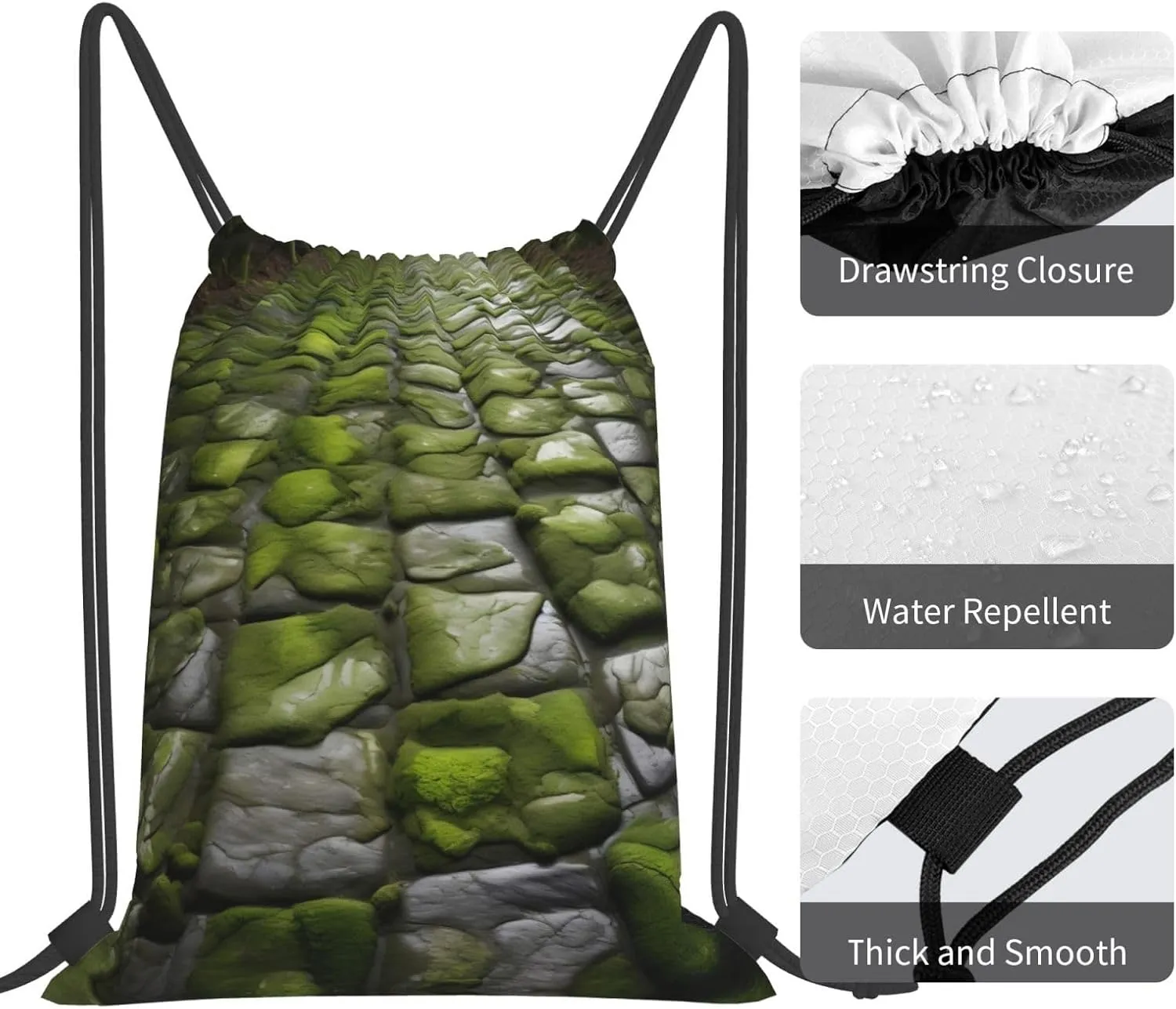 Moss Stone Pavement Print Sports Drawstring Backpack,Water Resistant Bag, Gym Backpack for Women Men