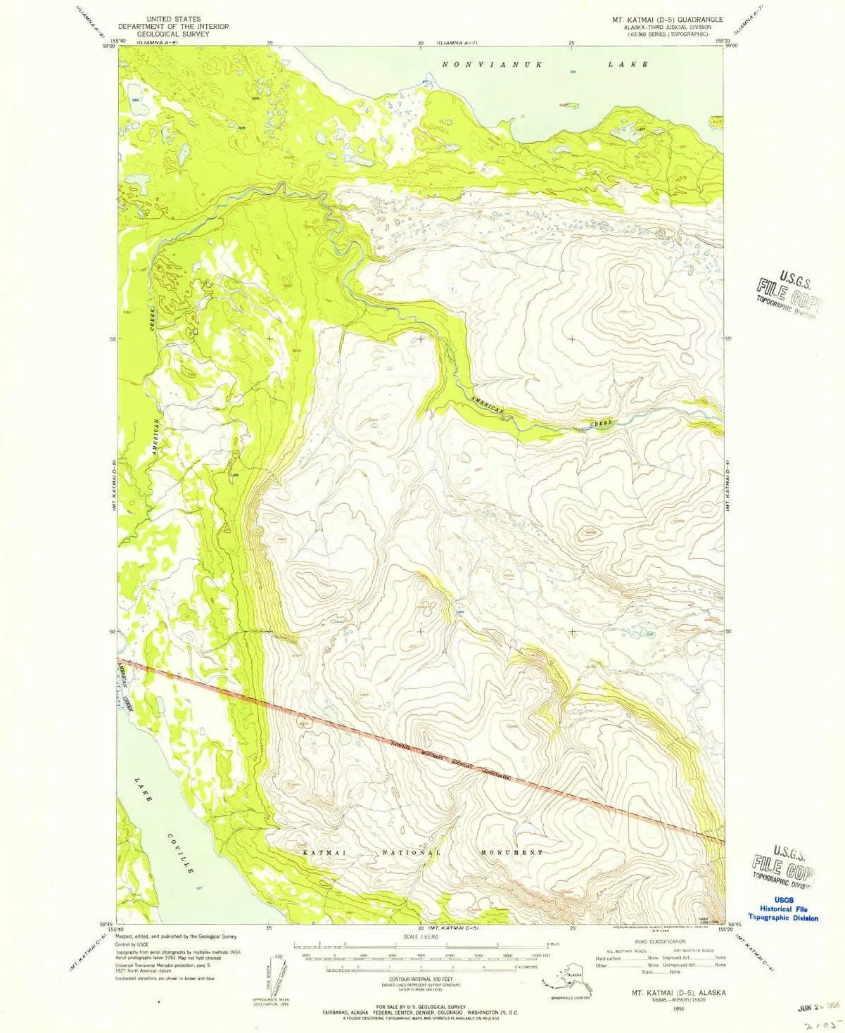 Mount Katmai D 5 AK topo map, 1:63360 Scale, 15 X 15 Minute, Historical, 1951, Updated 1956, 20.8 x 17 in
