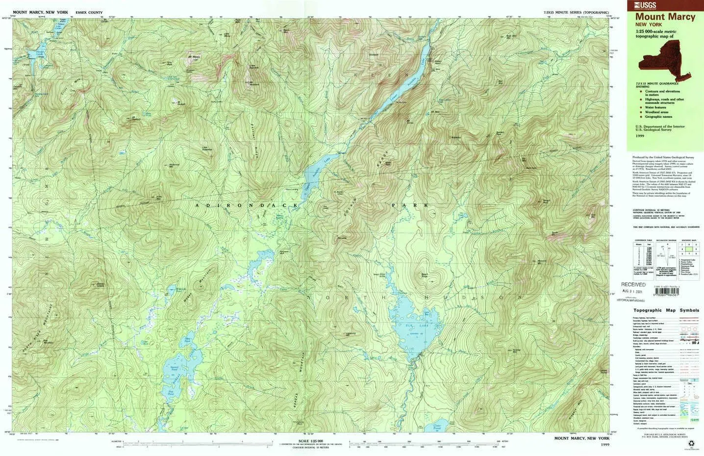 Mount Marcy NY topo map, 1:25000 Scale, 7.5 X 15 Minute, Historical, 1999, Updated 2001, 24 x 38.9 in