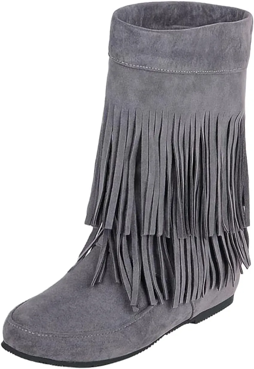 MOYOWEI Women's Vintage 2-Layer Fringe Suede Mid-Calf Boots,Fall Round Toe Hidden Height Lifting Hippie Low Flat High Boots