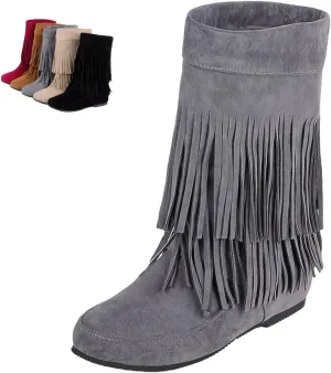 MOYOWEI Women's Vintage 2-Layer Fringe Suede Mid-Calf Boots,Fall Round Toe Hidden Height Lifting Hippie Low Flat High Boots
