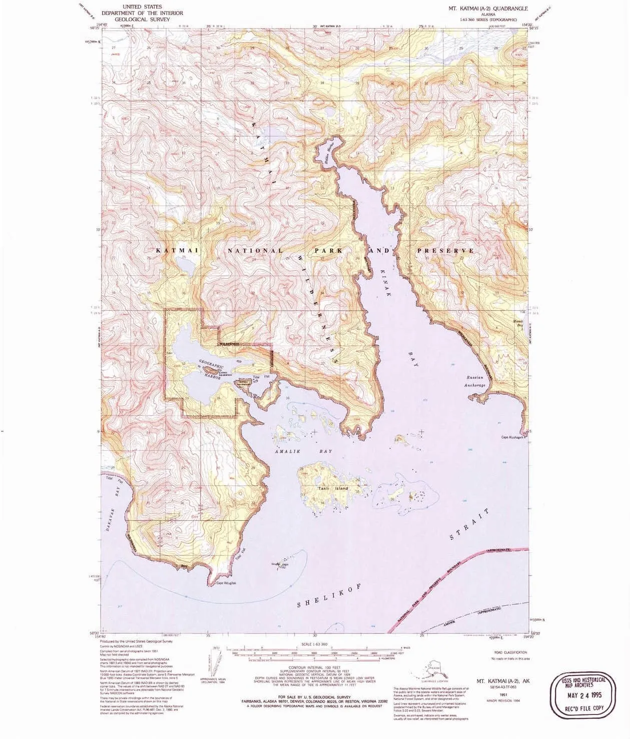 Mt Katmai A 2 AK topo map, 1:63360 Scale, 15 X 15 Minute, Historical, 1951, Updated 1994, 21.5 x 18 in