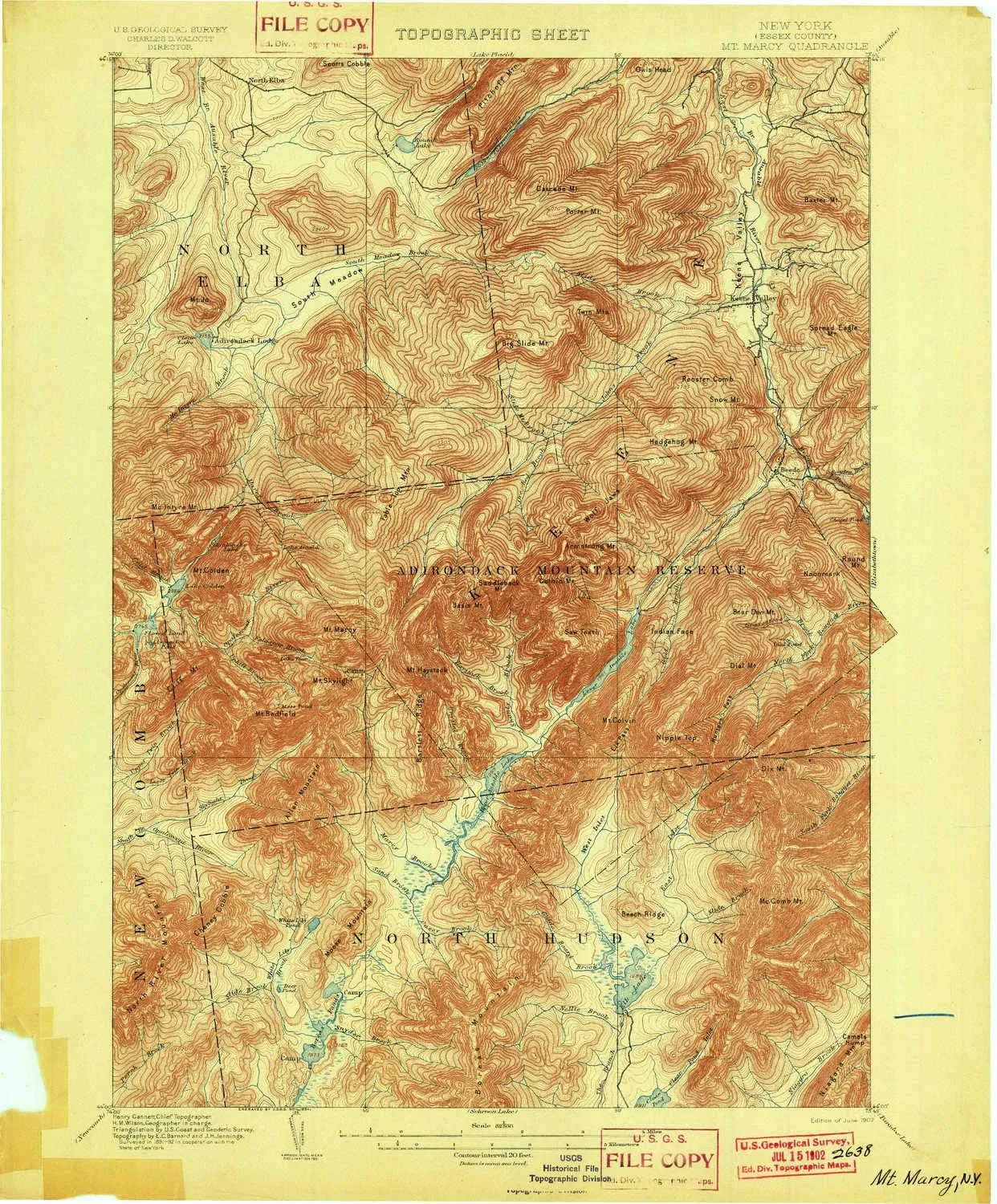 Mt Marcy NY topo map, 1:62500 Scale, 15 X 15 Minute, Historical, 1902, 20.1 x 16.6 in