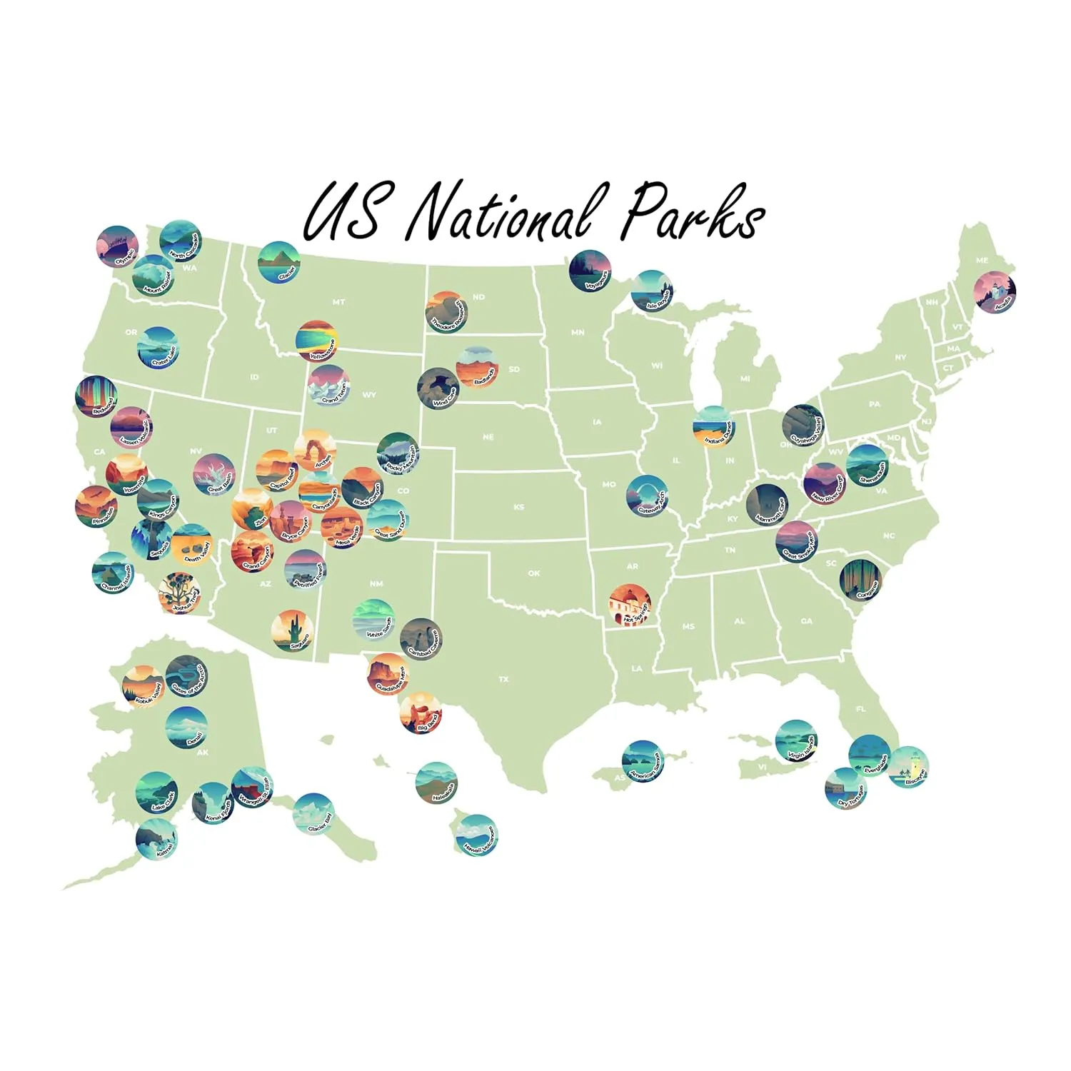 National Parks Map | National Park Checklist Map | National Park Sticker Map