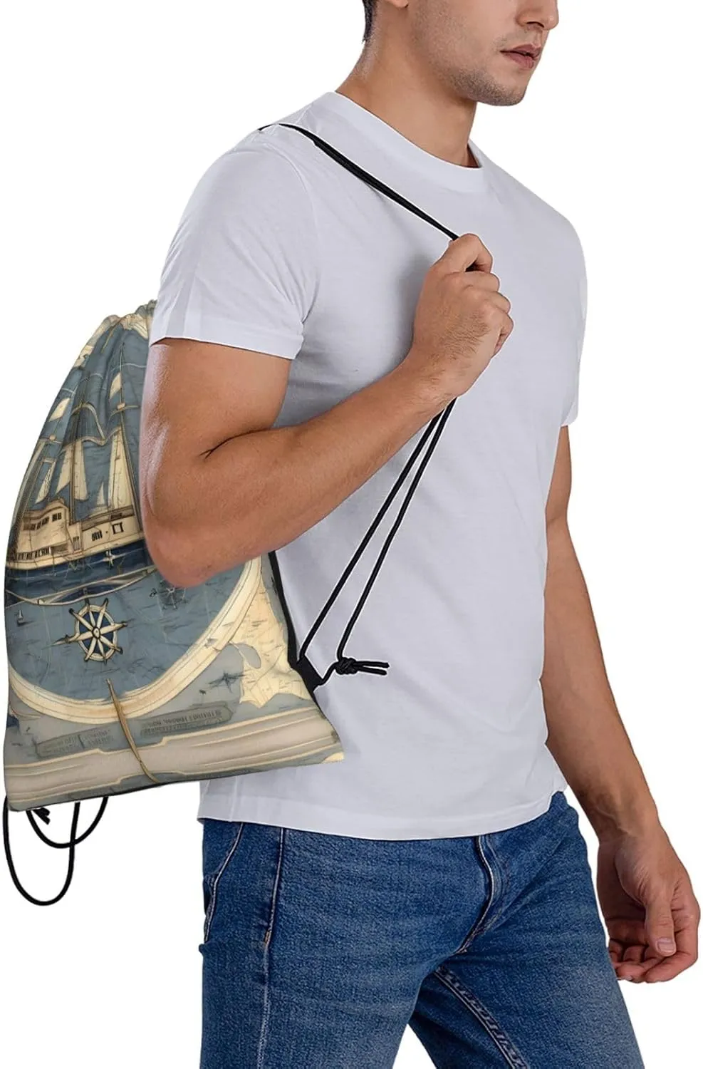 Nautical Sailboat Map Print Print Sports Drawstring Backpack,Water Resistant Bag, Gym Backpack for Women Men