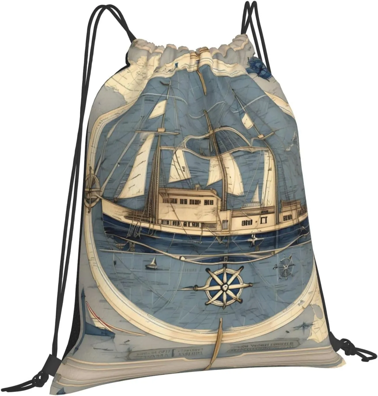 Nautical Sailboat Map Print Print Sports Drawstring Backpack,Water Resistant Bag, Gym Backpack for Women Men