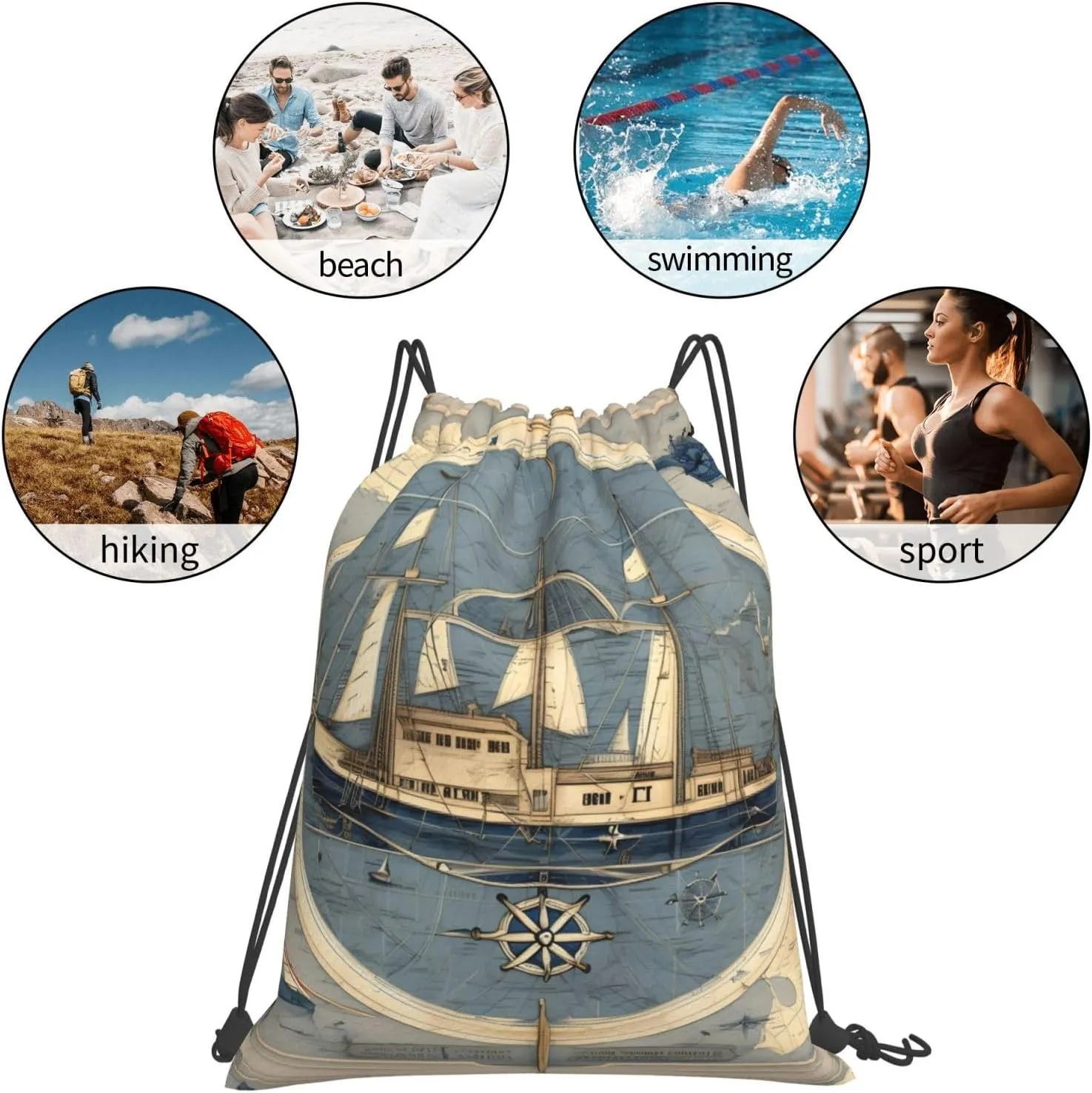 Nautical Sailboat Map Print Print Sports Drawstring Backpack,Water Resistant Bag, Gym Backpack for Women Men
