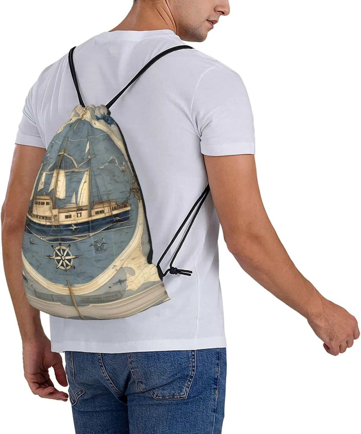 Nautical Sailboat Map Print Print Sports Drawstring Backpack,Water Resistant Bag, Gym Backpack for Women Men