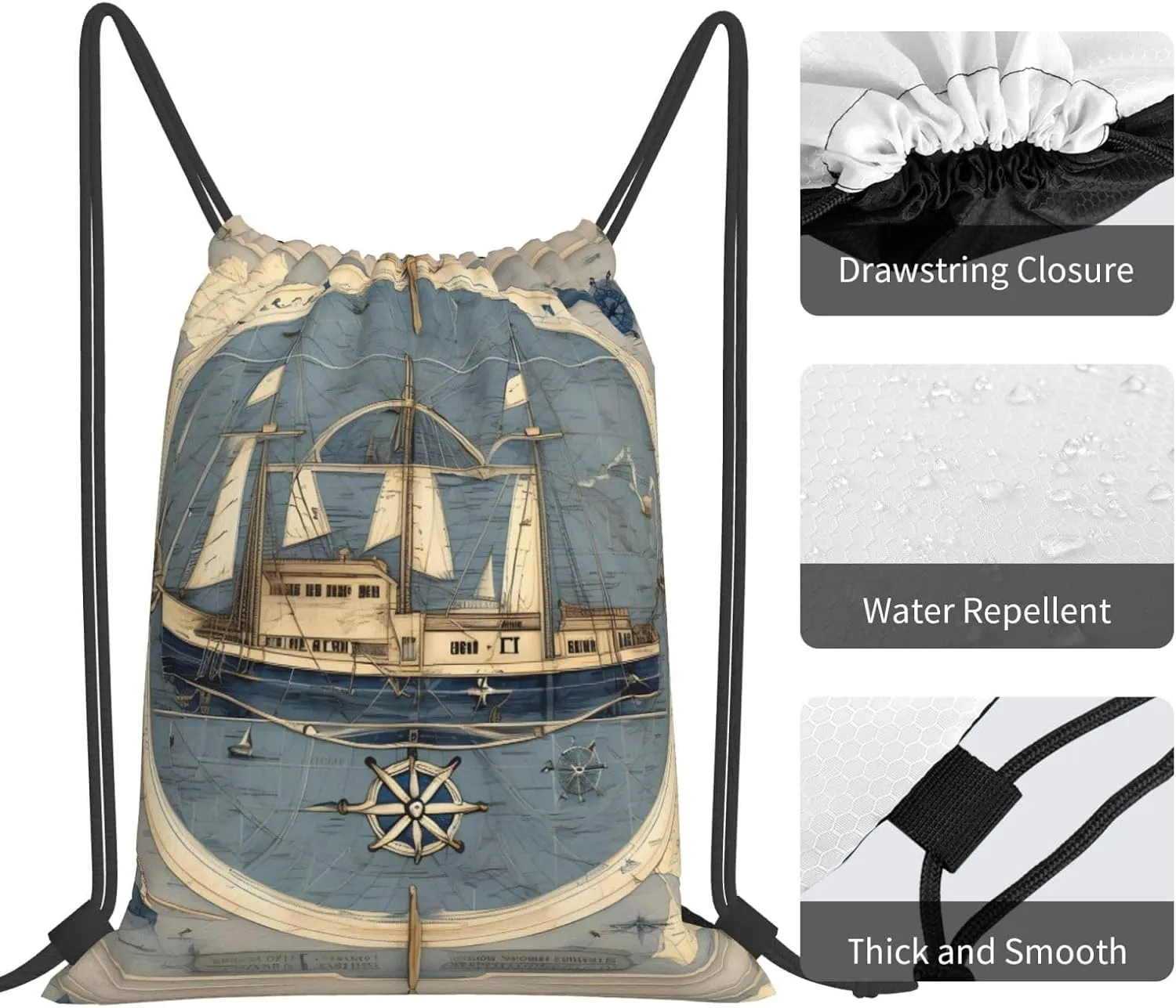Nautical Sailboat Map Print Print Sports Drawstring Backpack,Water Resistant Bag, Gym Backpack for Women Men