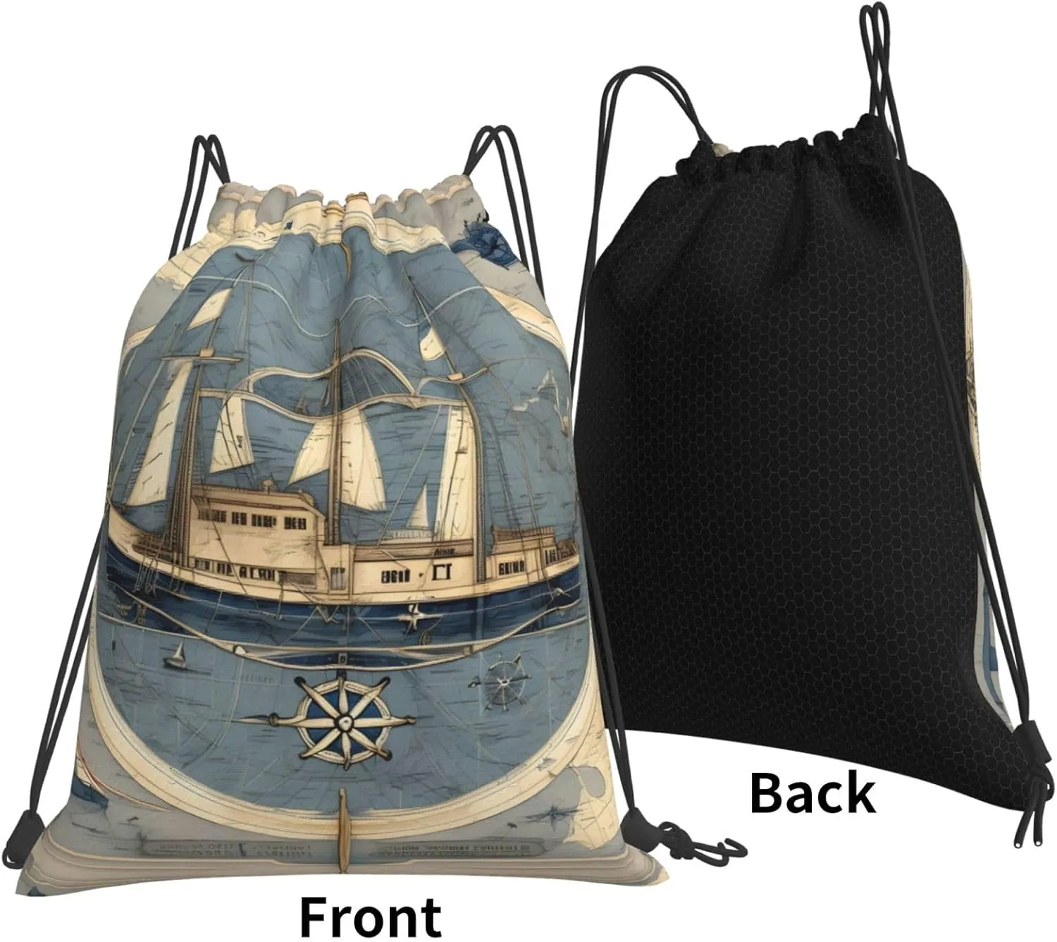 Nautical Sailboat Map Print Print Sports Drawstring Backpack,Water Resistant Bag, Gym Backpack for Women Men