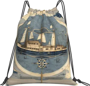 Nautical Sailboat Map Print Print Sports Drawstring Backpack,Water Resistant Bag, Gym Backpack for Women Men