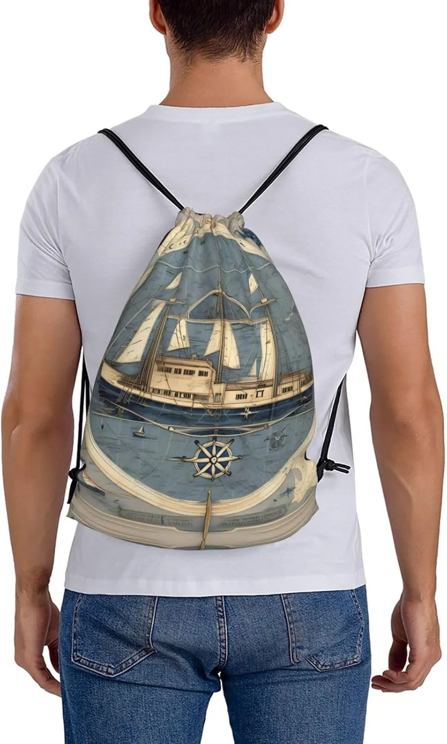 Nautical Sailboat Map Print Print Sports Drawstring Backpack,Water Resistant Bag, Gym Backpack for Women Men