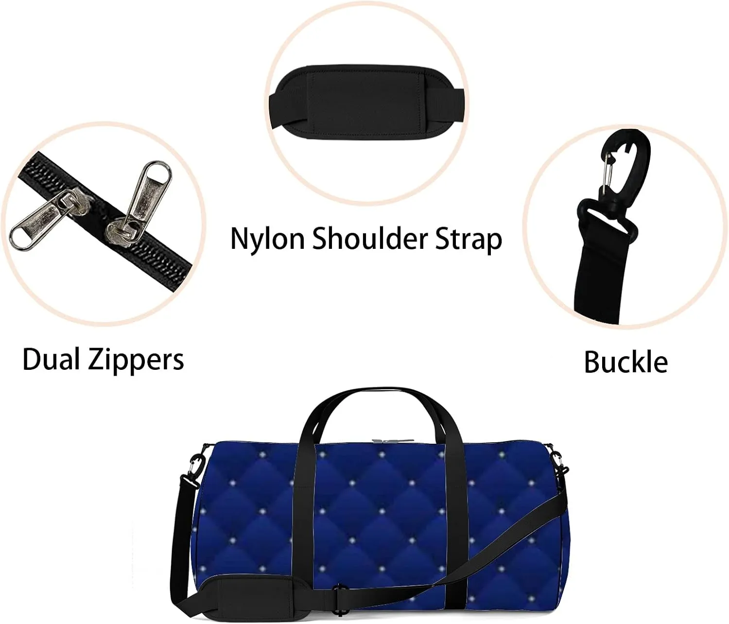 Navy Blue Pattern In Retro Style Sports Bag Tote Bag Waterproof Gym Bag with Shoulder Strap Zipper 2 Side Pockets for Men and Women, Travel and Storage Shoulder Bag.