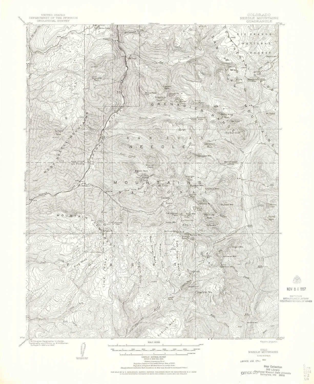 Needle Mountains CO topo map, 1:62500 Scale, 15 X 15 Minute, Historical, 1900, Updated 1969, 21.4 x 17.5 in